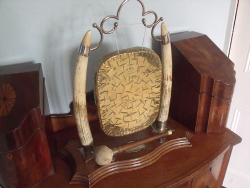 excellent antique hotel gong burmese ivory silver plate oak