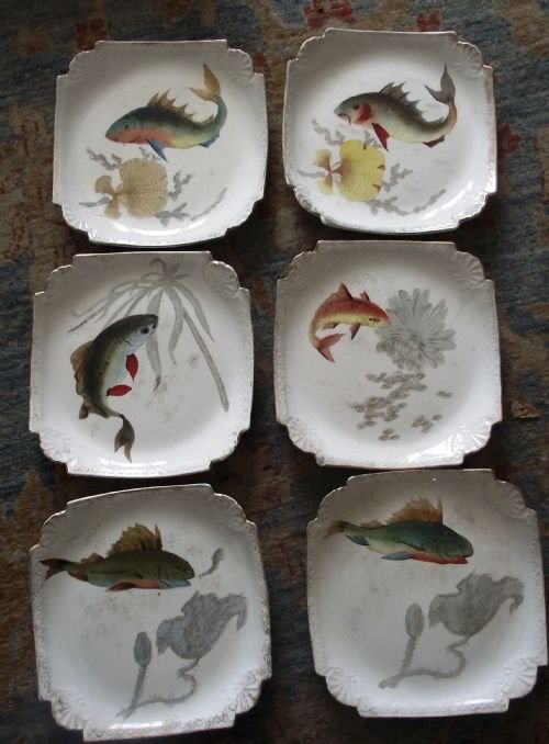 set six antique bonn fish plates