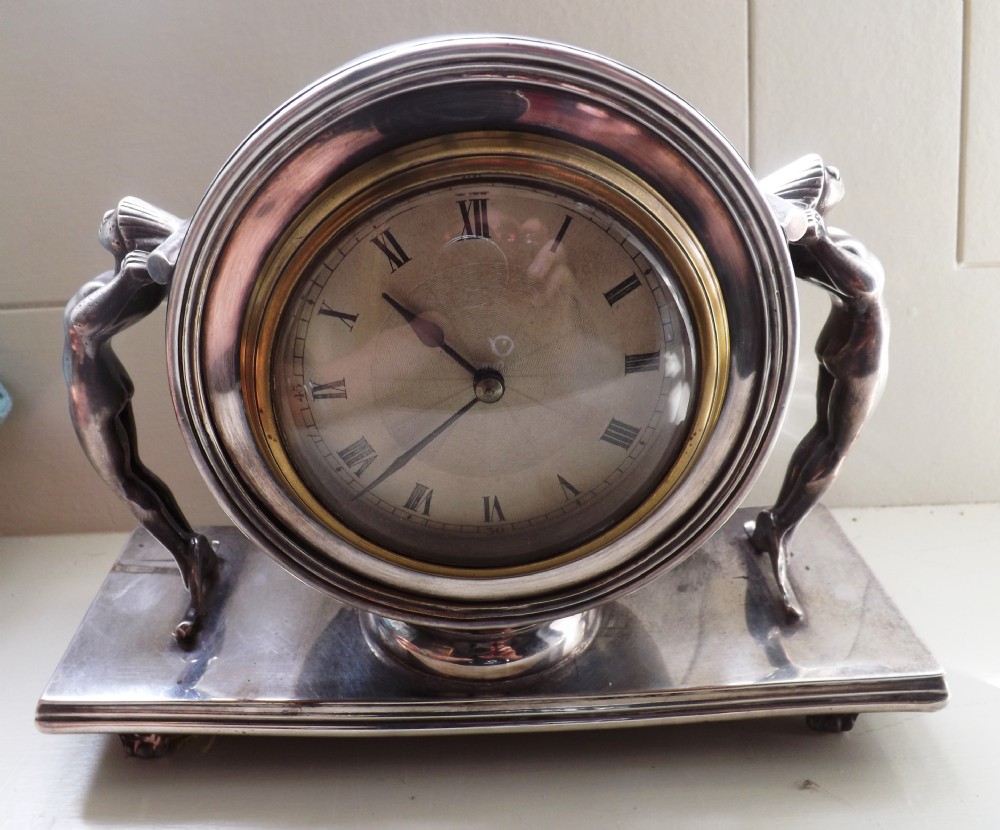 c1920s art deco silver plated french mantel clock