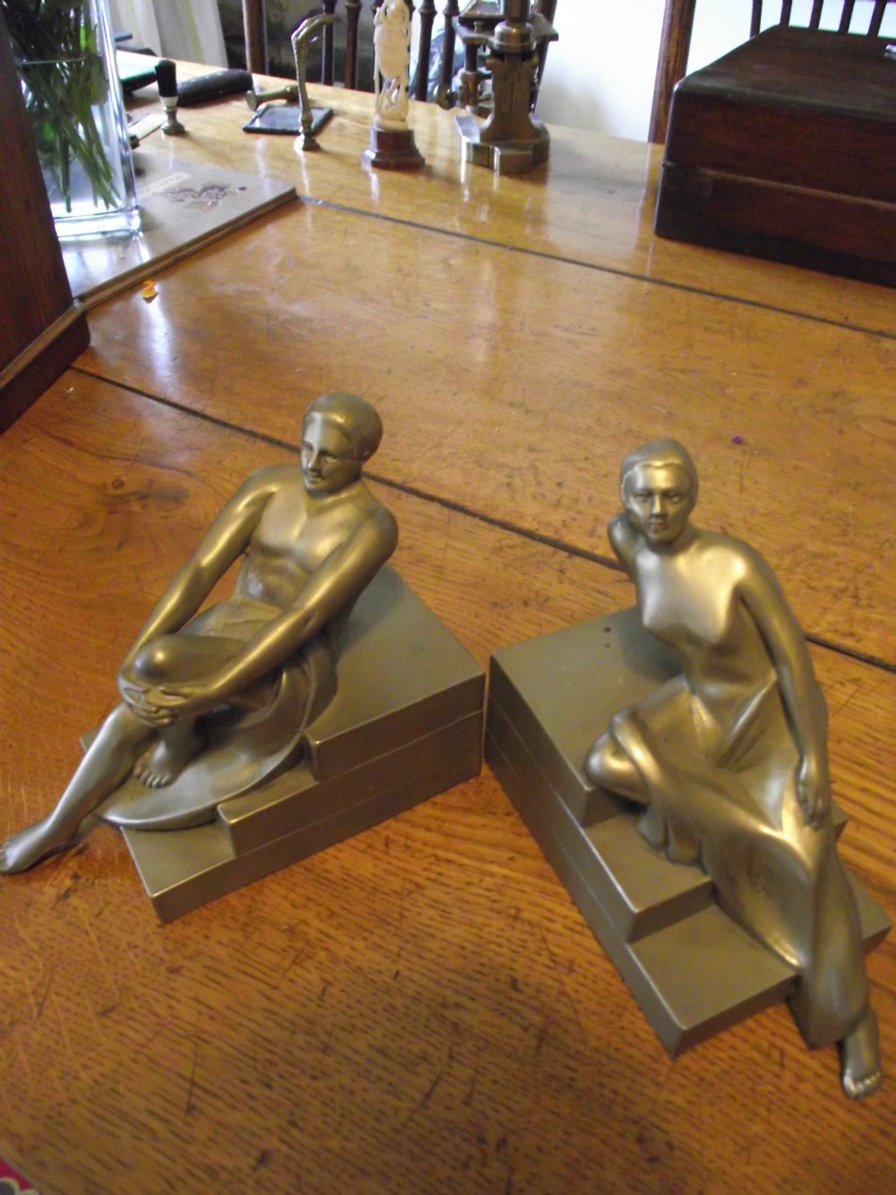 pair french art deco spelter figures fabrication francais paris
