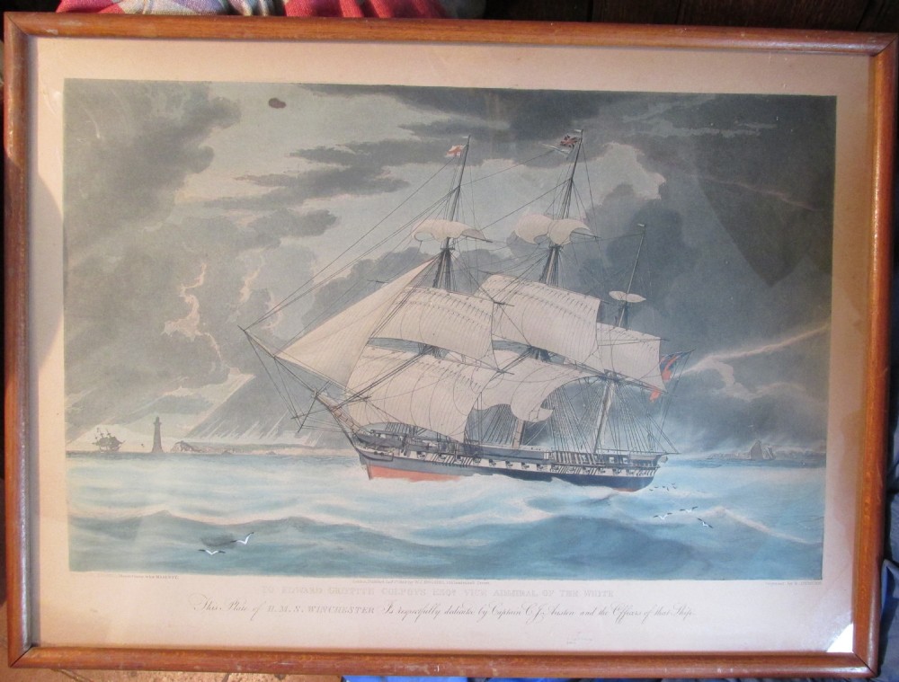 c19th aquatint hms winchester hand coloured published 1830