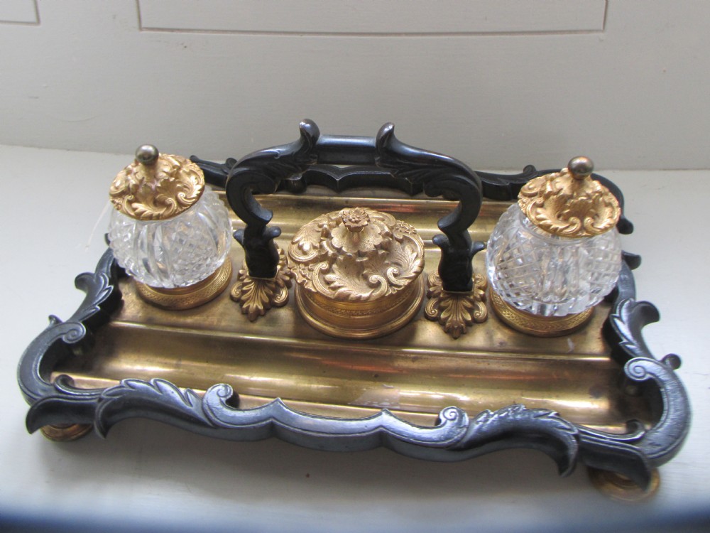 fine victorian rococo bronze and ormolu desk standish ink wells