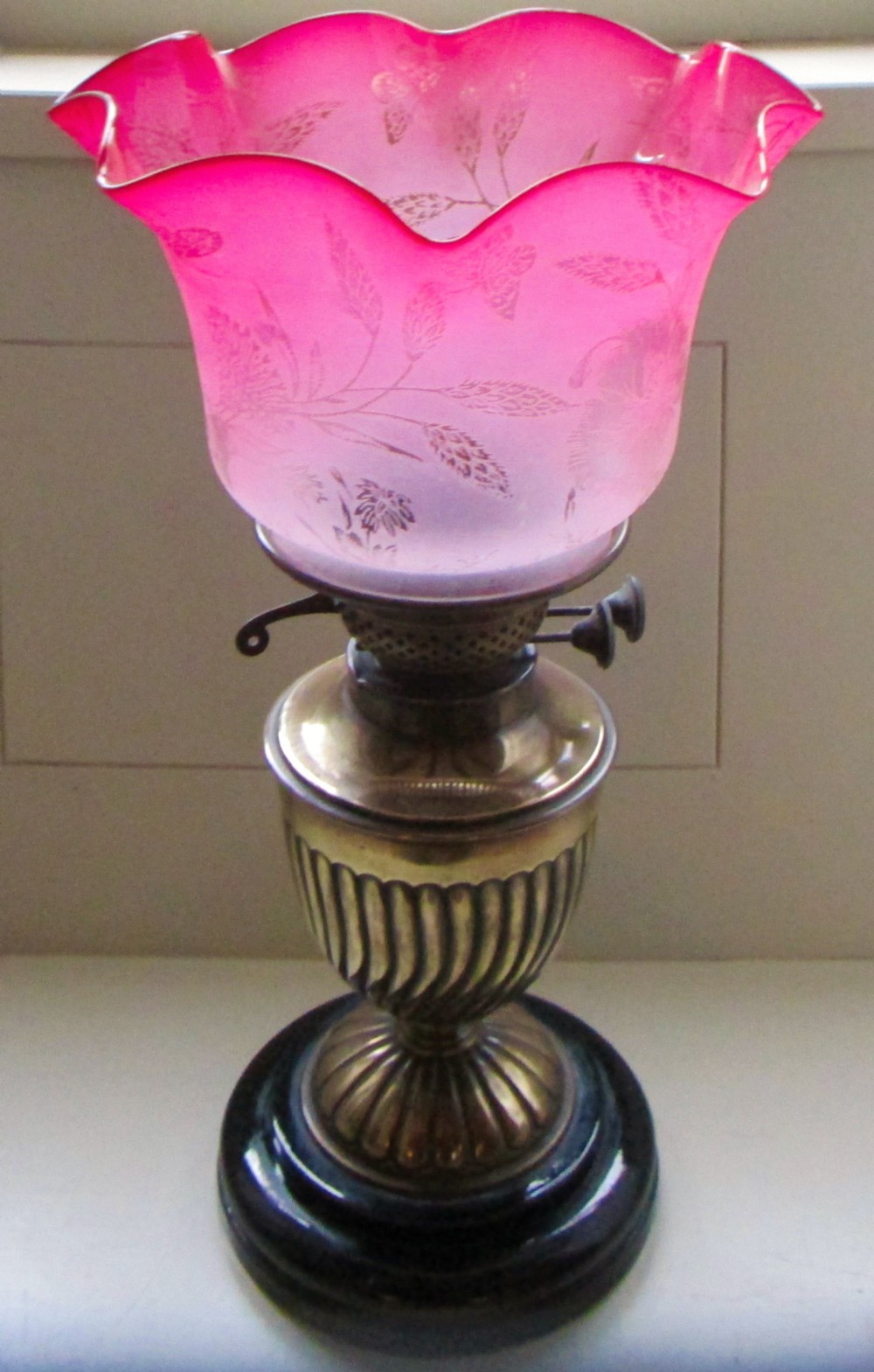 victorian oil lamp with cranberry shade