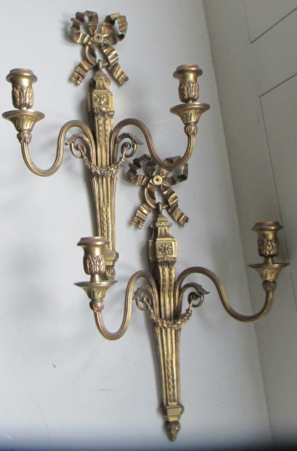 fine pair of c1920 gilt bronze wall lights