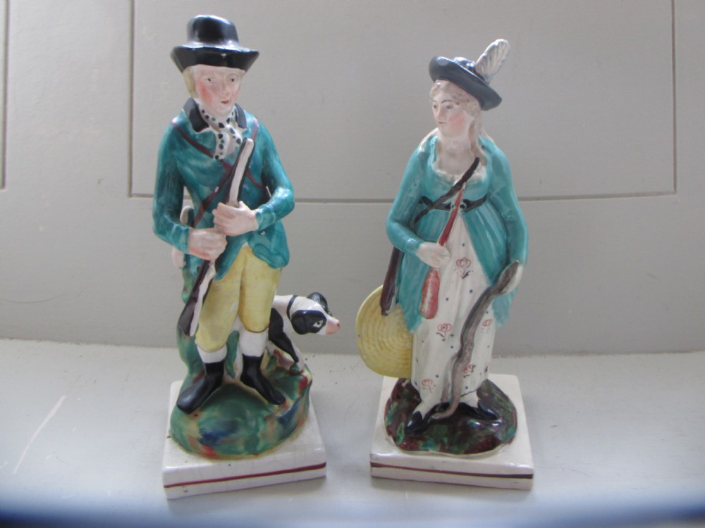c1810 pair staffordshire pearlware figures hunter and huntress