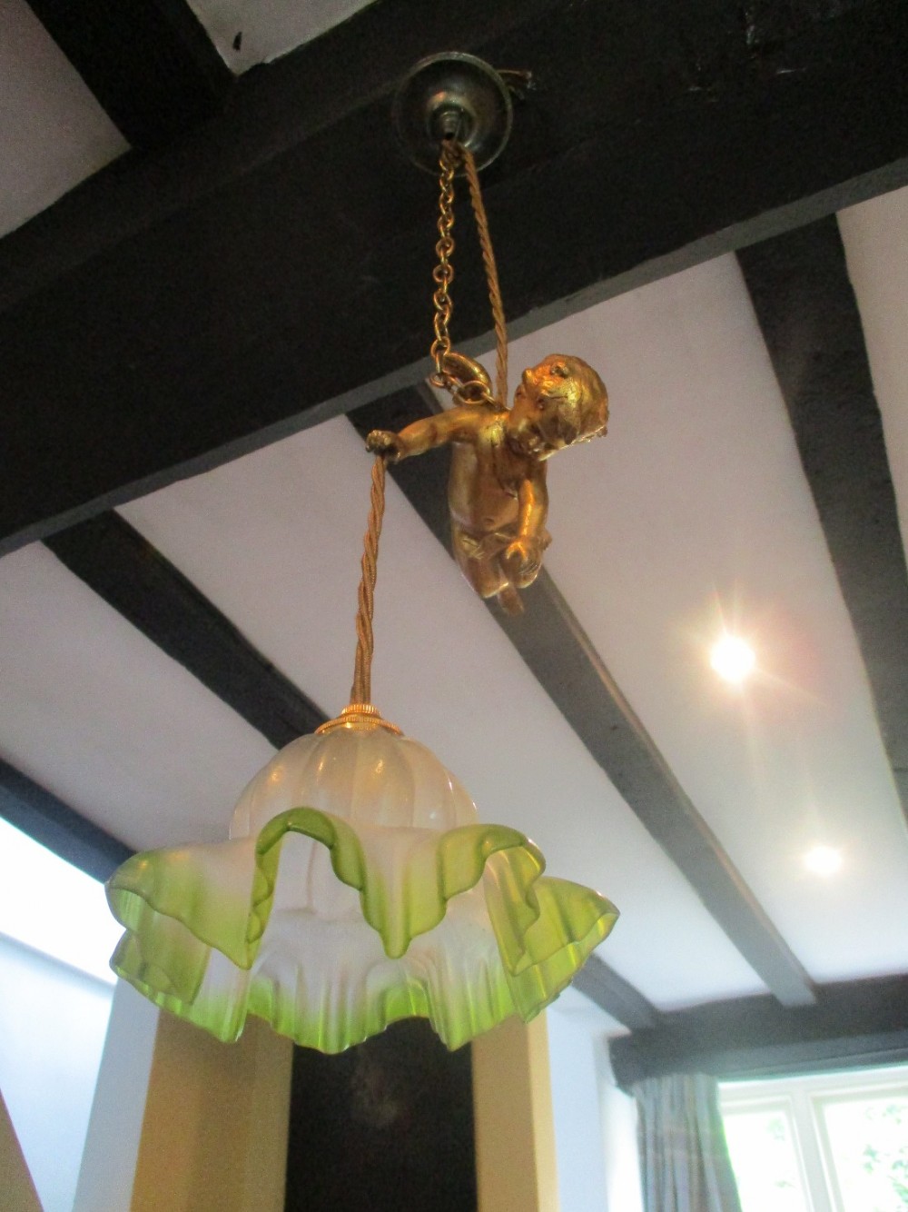 c1920s gilt metal cherub hanging light