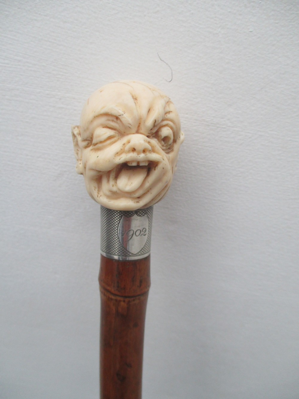 c1902 silver ivory grotesque face walking stick