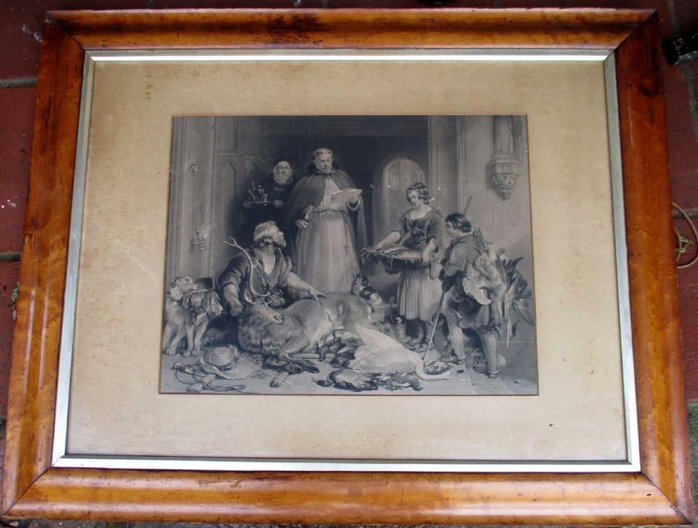 large mid victorian print in a fine bur maple frame